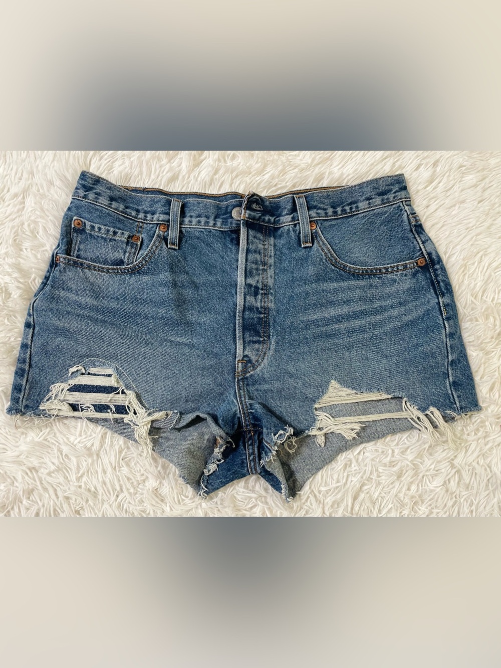 Levis 501 Classic High Waist Denim Jean Shorts Button Fly Distressed Cut Off 33